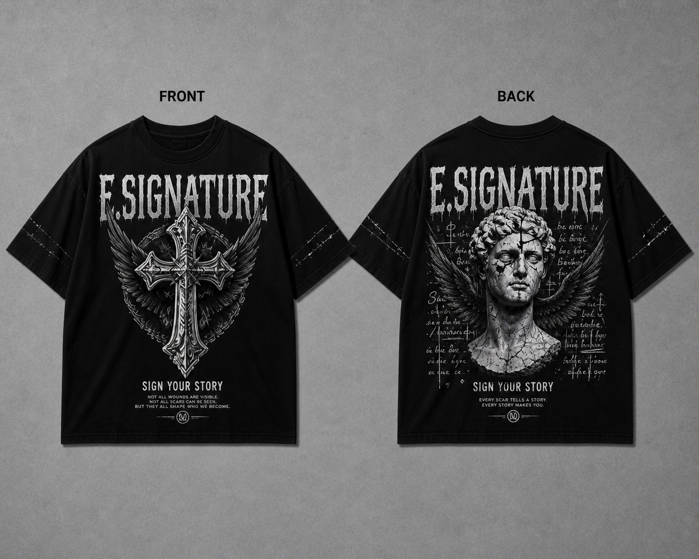 E.SIGNATURE GOTHIC CROSS & STATUE GRAPHIC T-SHIRT